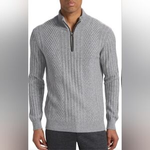 Saks Fifth Avenue Gray Chevron Cable Textured Zip Wool Cashmere Sweater Sz M